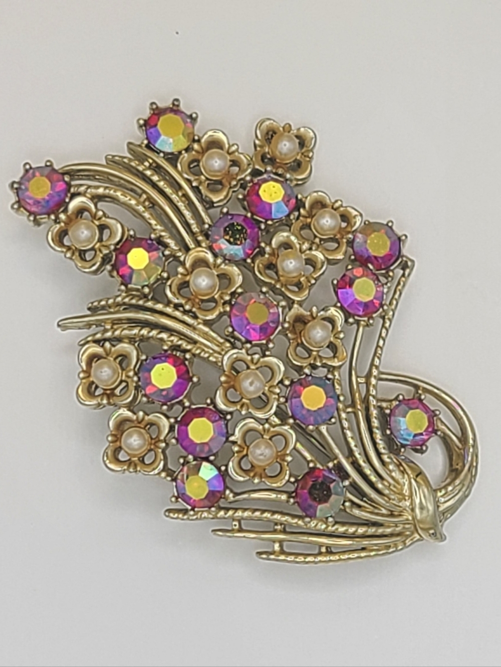 Vintage 50s Gold Floral Aurora Crystal Brooch - Women Jewelry